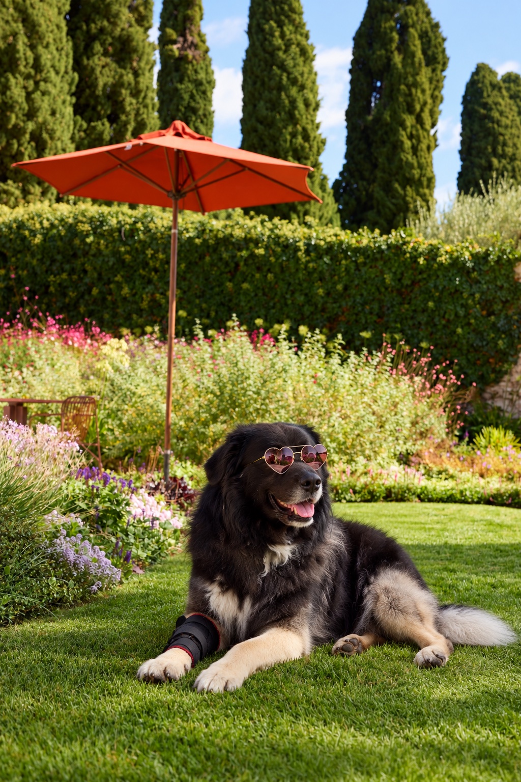 Sky, Lauras Hund, mit herzförmiger Sonnenbrille im Garten